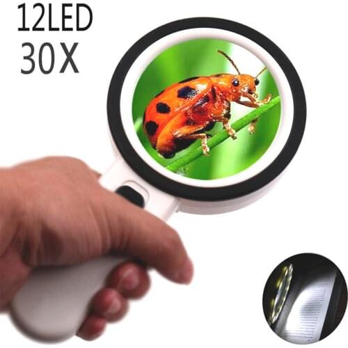 Large Lens Magnifying Glass 12 Led Lights 30x Handheld Magnifier Reading Newspaper Magnifying Glass Coin Jewelry Lab Loupe