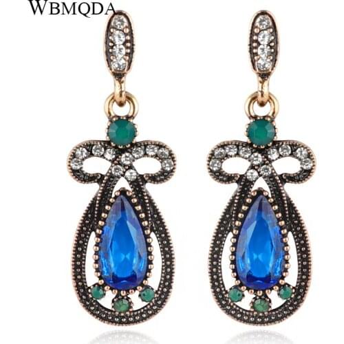 Wbmqda Vintage Jewelry Blue Crystal Bridal Earrings For Women Antique Gold Color Beach Party Drop Earrings 2019 New