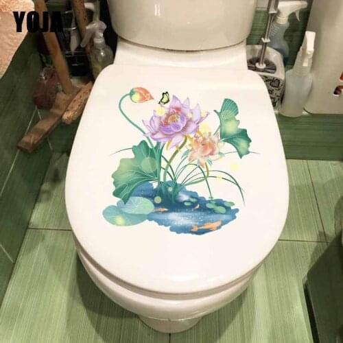 YOJA 23.2*21.6CM Colorful Lotus Pond Fashion Toilet Seat Stickers Home Bedroom Wall Decor T1-0865