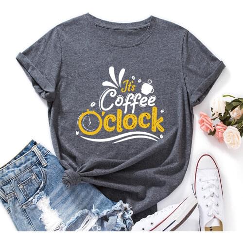 Its Coffee O'Clock Caffeine Addict Tee Summer Cotton T-shirt Tops for Women Short Sleeve Graphic Tee Top Shirts Female Clothes