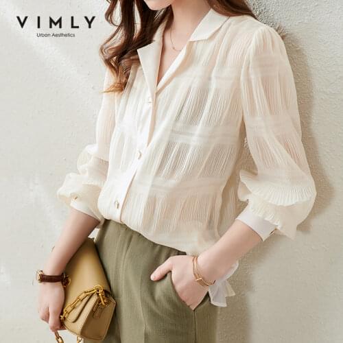 VIMLY Office Lady Shirts For Women Fashion New Buttons V Neck Chiffon Blouse Long Sleeve Clothes Female Perspective Tops F5565