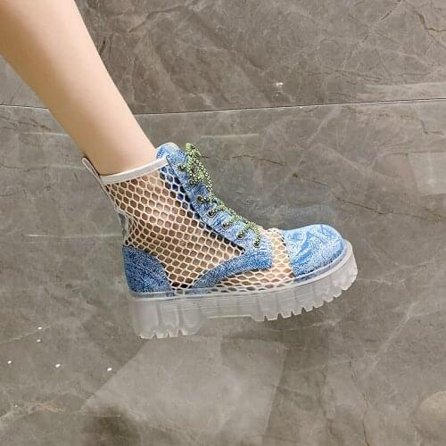 2021 Super Hot Transparent Crystal Flat Summer Net Boots Cross Lace Trendy Breathable Net Gauze Cool Female Ankle Boots