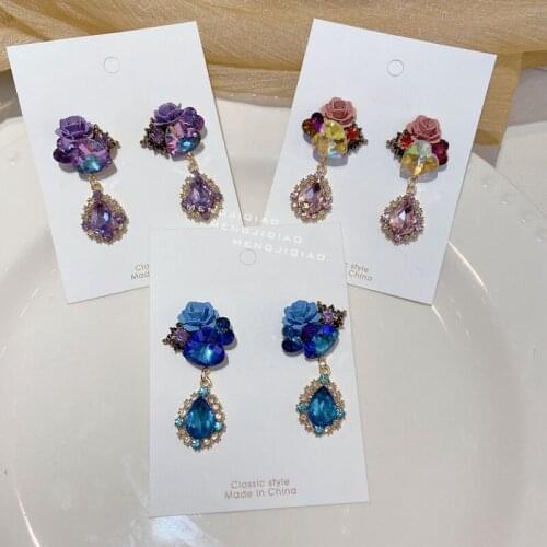 Korean Luxury Vintage Heart Flower Crystal Drop Earrings For Women Ladies Sparkly Waterdrop Pendientes Party Jewelry Gifts