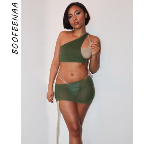 BOOFEENAA Irregular Mesh Sheer 2 Piece Sets Sexy Summer Club Outfits for Women Mini Skirts Shorts Sets Festival Clothing C95BF10