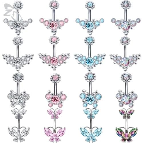 ZS 1PC 11 Style Butterfly Belly Button Ring for Women CZ Crystal GEM Pendant Navel Ring 4 Colors Navel Piercing Body Jewlery 14g