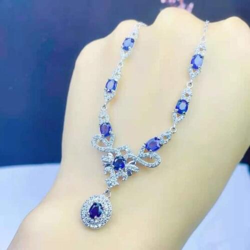 Genuine Blue Natural Sapphire Necklace For Women Charms Crystal 925