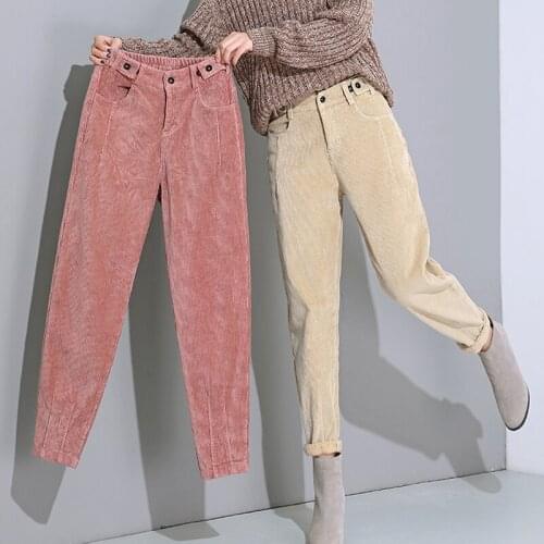 Winter High Waist Women Corduroy Harem Pants Plus Size Loose Solid Casual Button Pant Women Velvet Warm Ladies Trousers