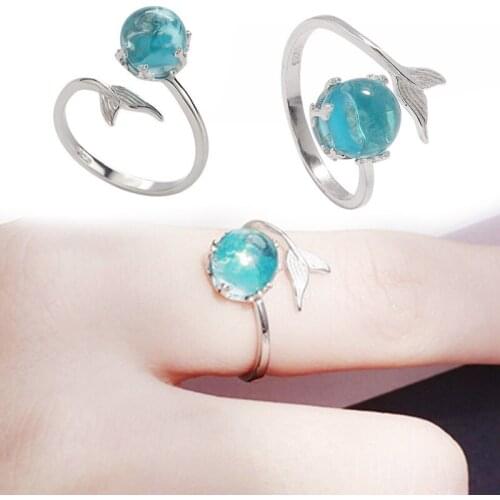 1PC Graceful Allergy Free Silver Blue Crystal Adjustable High Quality Mermaid RingsBubble Open
