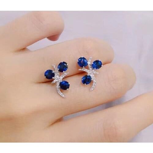 100% Real Natural Sapphire Earring 925 Sterling Silver Female Anniversary Jewelry