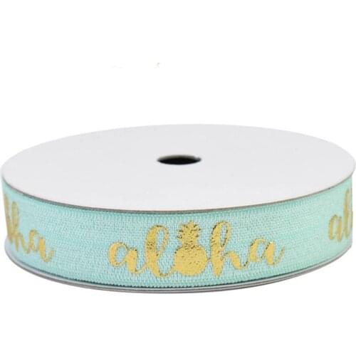 100yards 5/8"16mm Gold foil Aloha pineapple printed FOE fold over elastic ribbon welcome custom printed