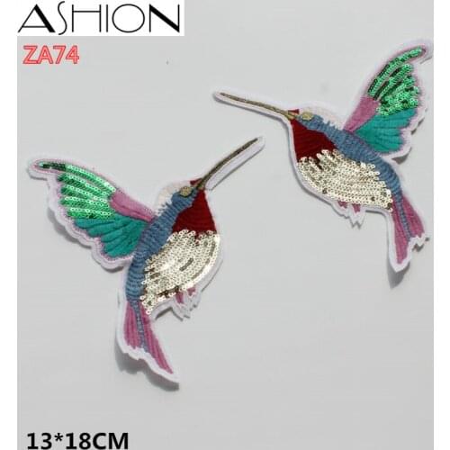 2 PCS sequins embroidery hummingbird bird applique patch back glue Iron - On clothing accessories patches ZA74