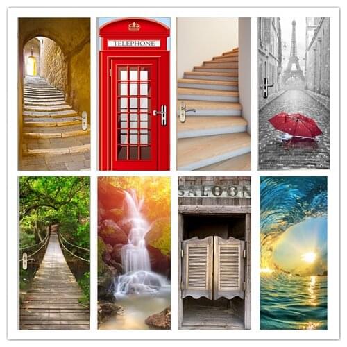 3D Funny Custom Size One Piece Door Stickers For Living Room DIY PVC Self-adhesive Wallpaper Wooden Door Renovation Decor Decals