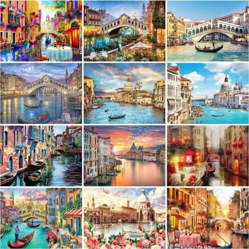 AZQSD Full Square Diamond Art Painting Kits Town Bridge Handmade Gift Diamond Embroidery Landscape Mosaic Decor For Home