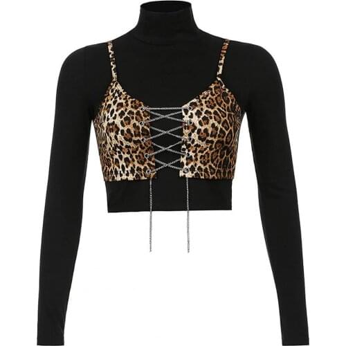 Long Sleeve Blouse Women Fake Two Piece Leopard Print Slim Crop Top for Autumn