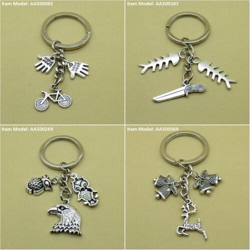 Keychain Keyring Bicycle Bike Signs Tags Handmade Knife Fishbone Bone Fish Hawk Eagle Owl Buck Deer Bells Xmas Bag Charms