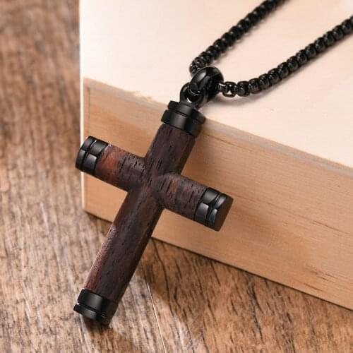Wood Cross Necklace,Stainless Steel Rosewood Penedant for Men Jewelry