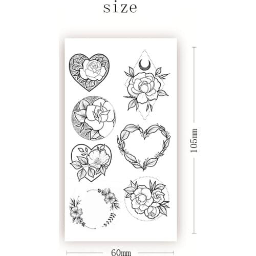 Geometric Peony Rose Flower Heart Waterproof Temporary Tattoo Sticker Black Tatto Body Art Neck Arm Foot Girl Women Fake Tatoo