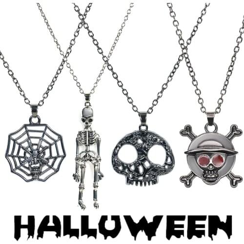 Gothic Ghost Skeleton Pumpkin Pendant Necklace Men Women Punk Hip Hop Neck Chains Vintage Necklace Halloween Party Jewelry Gift