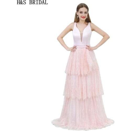 H&S BRIDAL Lace prom dresses 2017 V Back With Straps Floor Length prom dress long dress elegant evening robe de mariee