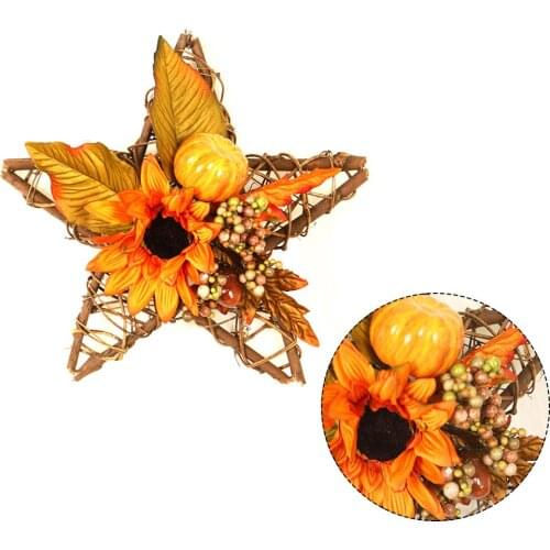 Artificial Flower Fall Wreath with Wooden Star Sunflowers Maple Leaves Decorated for Wall Door Hang Thanksgiving Fall Harvest