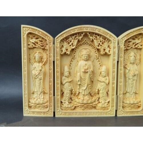 Elaborado caja de madera de caja china Avalokitesvara estatua con amuleto de escritura