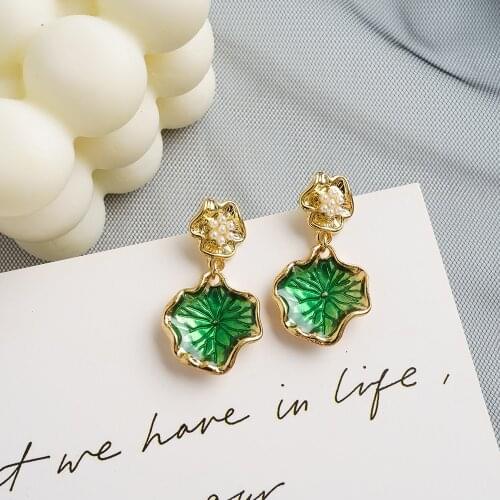 Jaeeyin 2021 Fashion Jewelry Green Lotus Leaf Enamel Dangle White Pearl Gold Color Cute Gifts For Teenager Girls Women Children