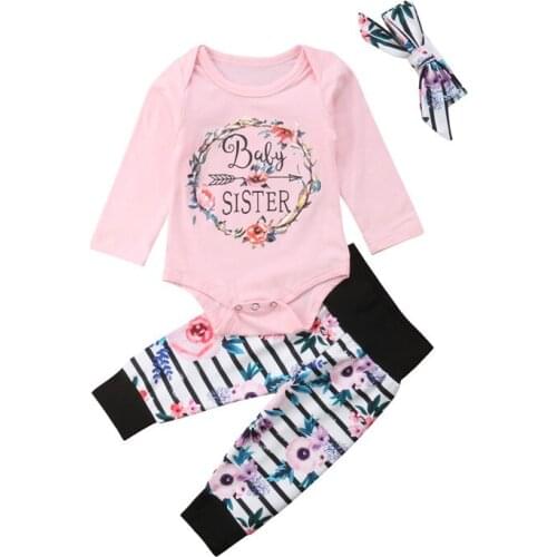 3pcs Set Infant Baby Girl Outfits Long Sleeve Romper Tops Long Pants Legging Floral Bowknot Headwear Headband Clothes Set 0-18M
