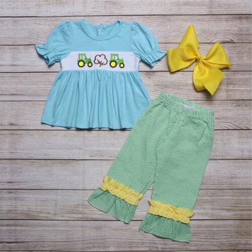 Beautiful Style Pure Cotton Baby Girls Suit Blue Wagon Cotton Embroidery And Green Checked Pants Children’S Clothing