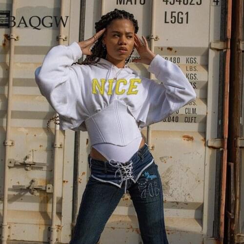 Fall Winter Casual Corset Hoodies Women Bandage Sexy Sweatshirt Femme Streetwear Basic Letter Printing Sweatshirt Hooded Tops