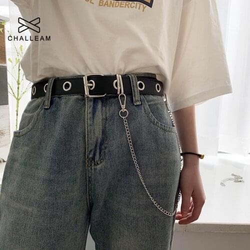 Women Belt Free Size Fashion Black PU Leather Belt With Chain For Female New Punk Style Pin Buckle Dress Jeans Decorative 162