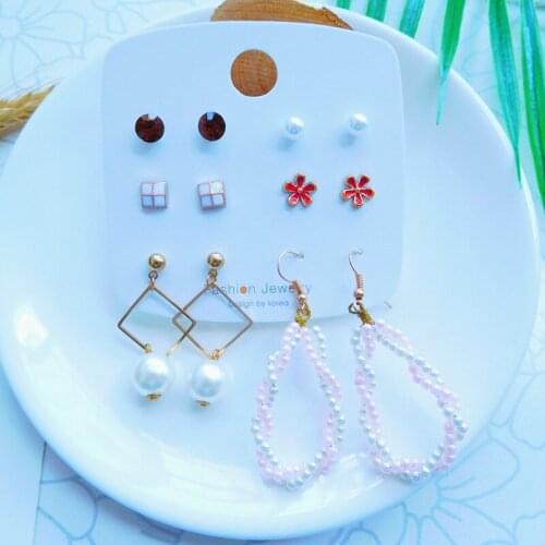 Korean Style Handmade Pearl Dangle Earrings Geometric Flower Crystal Plastic Stud Earrings Set Women 2020 Trend Jewelry Gifts