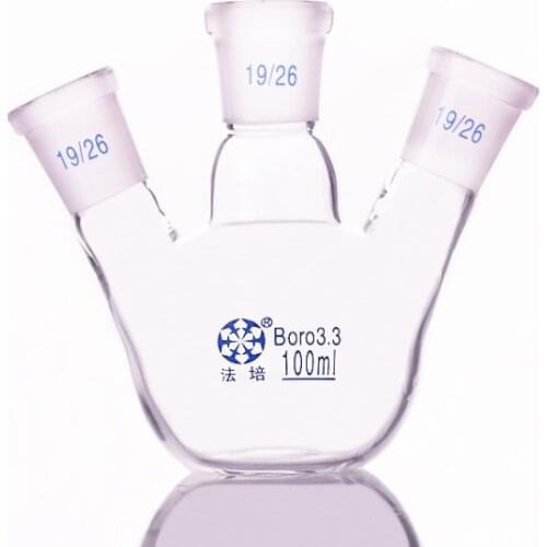 Three-necked flask oblique shape,with three necks standard grinding mouth 100ml,Joint 19/26,Three-necked flat bottom flask