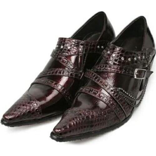 Sapato social hidden high heel shoes for men black spiked loafers oxford genuine leather crocodile buckle strap shoes male