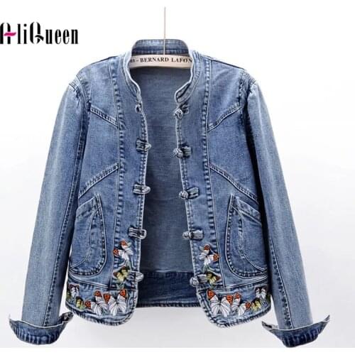 Korean Female Vintage Butterfly Embroidery Denim Jacket Chaquetas Mujer Blue Outerwear Crop Coat Blue Jean Jackets Plus Size 4XL