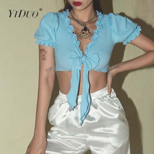 YiDuo Sexy V Neck Front Bandage Bow Short Sleeve Crop Top 2020 Summer Women Blue Ruffles Splice Skinny TShirt Female Streetwear