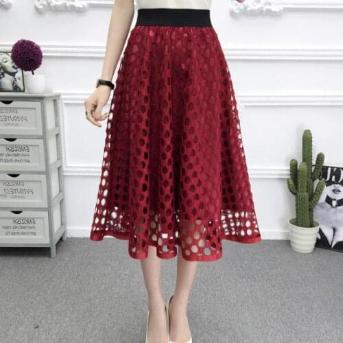New Zuolunouba Office Lady Skirt Fashion Dot A-line Hollow Out Knee-length Women Skirts Red Summer