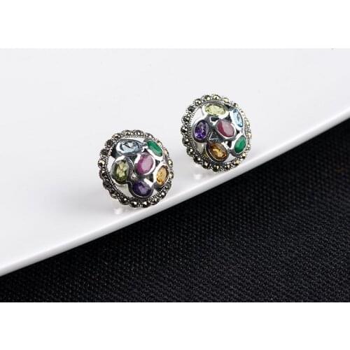 FNJ Colorful Zircon Round Stud Earrings 925 Silver New Fine 100% Pure S925 Sterling Silver Earring for Women Jewelry