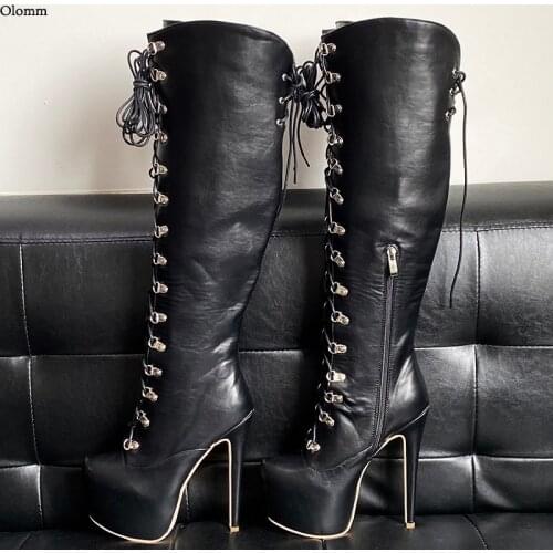 Olomm Handmade Women Winter Platform Knee Boots Lace Up Sexy Stiletto Heels Round Toe Black Club Unisex Shoes Plus US Size 5-20