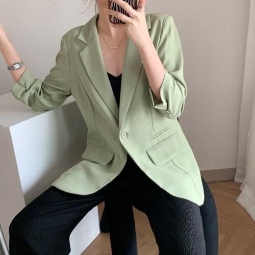 Summer 2021 Vintage Women 3/4 Sleeve Green Thin Chiffon Blazers Korean Loose Casual Lapel Long Sleeve Office Suit Jacket Female