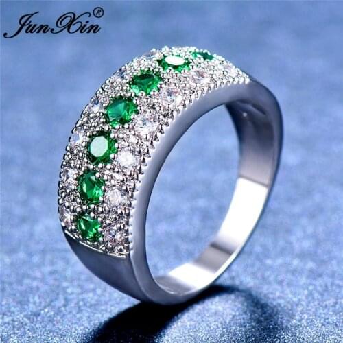 Luxury Female Girls Green Stone Ring Crystal Round Zircon Ring Fashion Wedding Jewelry Silver Color Engagement Rings For Women