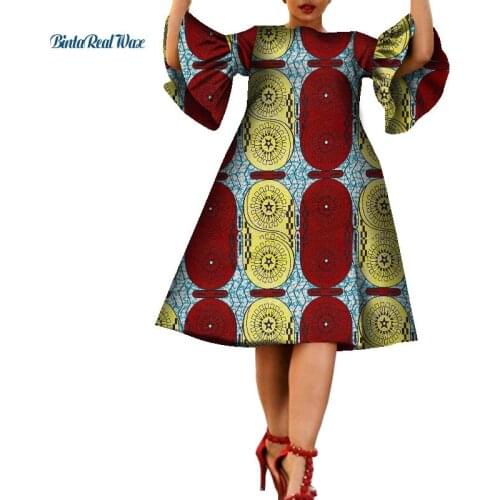 African Dresses for Women African Wax Print Flare Sleeve Knee Length Dresses Vestidos Bazin African Ankara Women Dresses WY8361