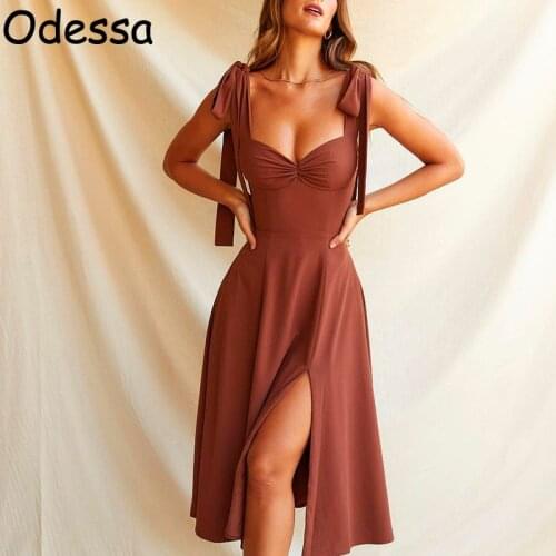 Odessa Brown Women Elegant Off Shoulder Bandage Corset Midi Dress Sexy Party Fairy Cottagecore Backless Summer Slit Long Vestido
