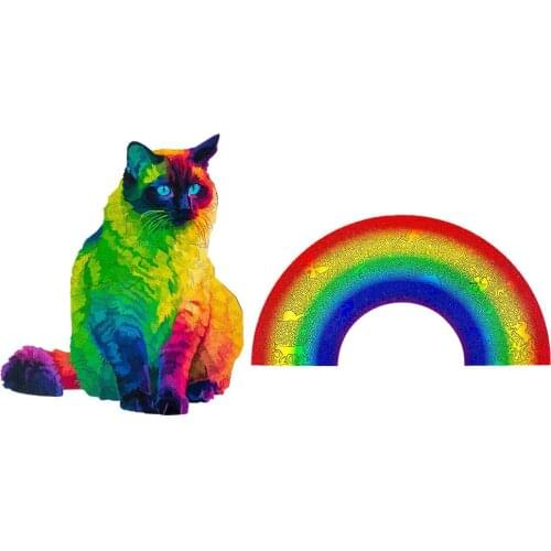Wooden animal Puzzles Rainbow Cat Building Blocks Colorful Wooden animal Jigsaw Puzzles Board Games For Adults Kids Gift
