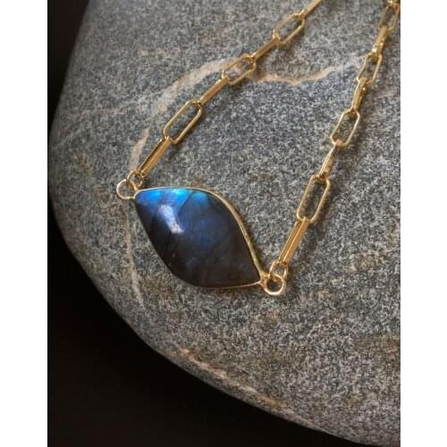 FUWO Natural Labradorite Cabochon Bracelet,Gold Shiny Crystal With Long Box Chain,Fashion Hip Hop Style Brass Jewelry Gift BR012