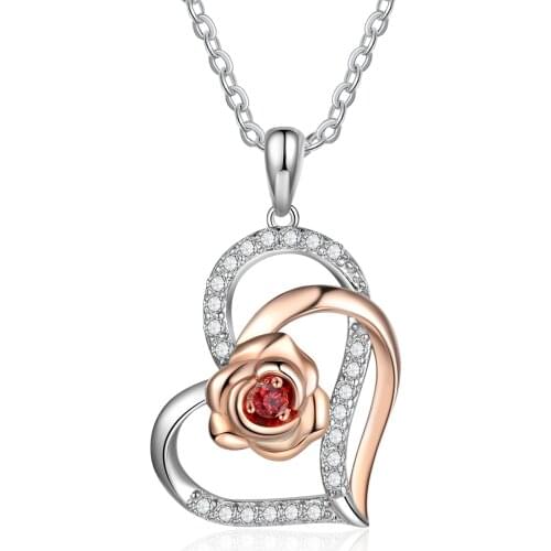 JewelOra New Rose Gold & Silver Color Double Heart Pendant Zircon Rose Flower Chain Necklaces for Women Wedding Fashion Jewelry