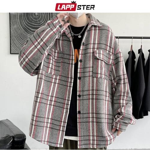 LAPPSTER Men Plaid Winter Tweed Trench Coat 2021 Mens Korean Harajuku Oversized Peacoat Male Japanese Streetwear Jackets Coats