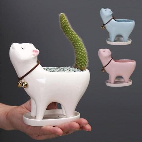 Nordic Ceramic Cute Cat Flower Pot with Tray Succulents Plants Cactus Bonsai Pot Home Decor Flower Vase Plant Accessories