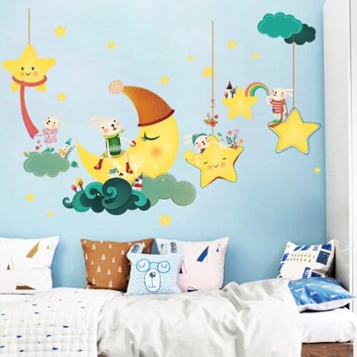 Cartoon Rabbit Wall Stickers Stars and Moon Kids Room Living Room Girl Bedroom Aesthetic Decoration Home Decor PVC Art Murals