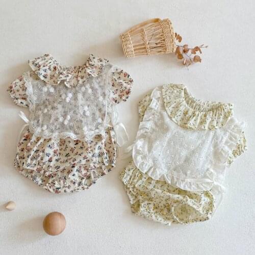 New Newborn Girl Outfit Baby Girl Romper Floral Print Lace Turn Down Collar Short Sleeve Baby Bodysuit Fashion Korea Style 0-24M
