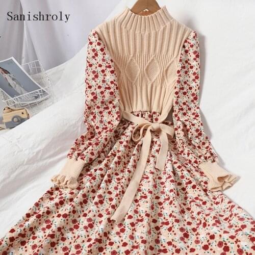 Sanishroly Autumn Long Tie Bow Knitted Dress Women Patchwork Sweater Dresses Female Corduroy Floral Print Dress Vestidos CD107